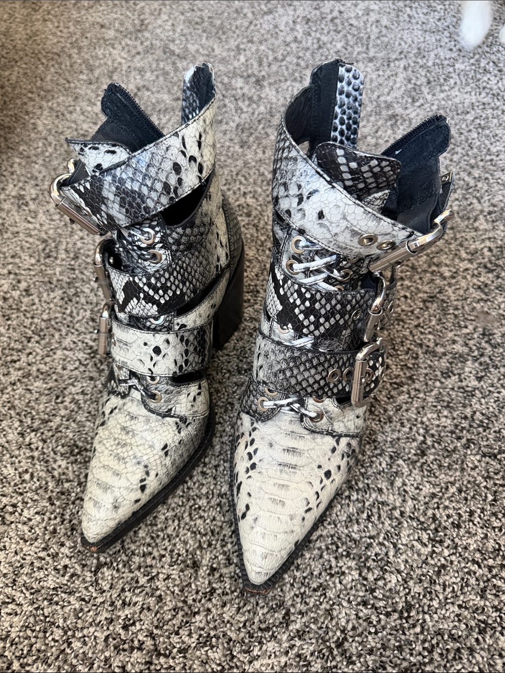 Jeffrey Campbell Black & White Snake-Print Buckle Ankle Boots